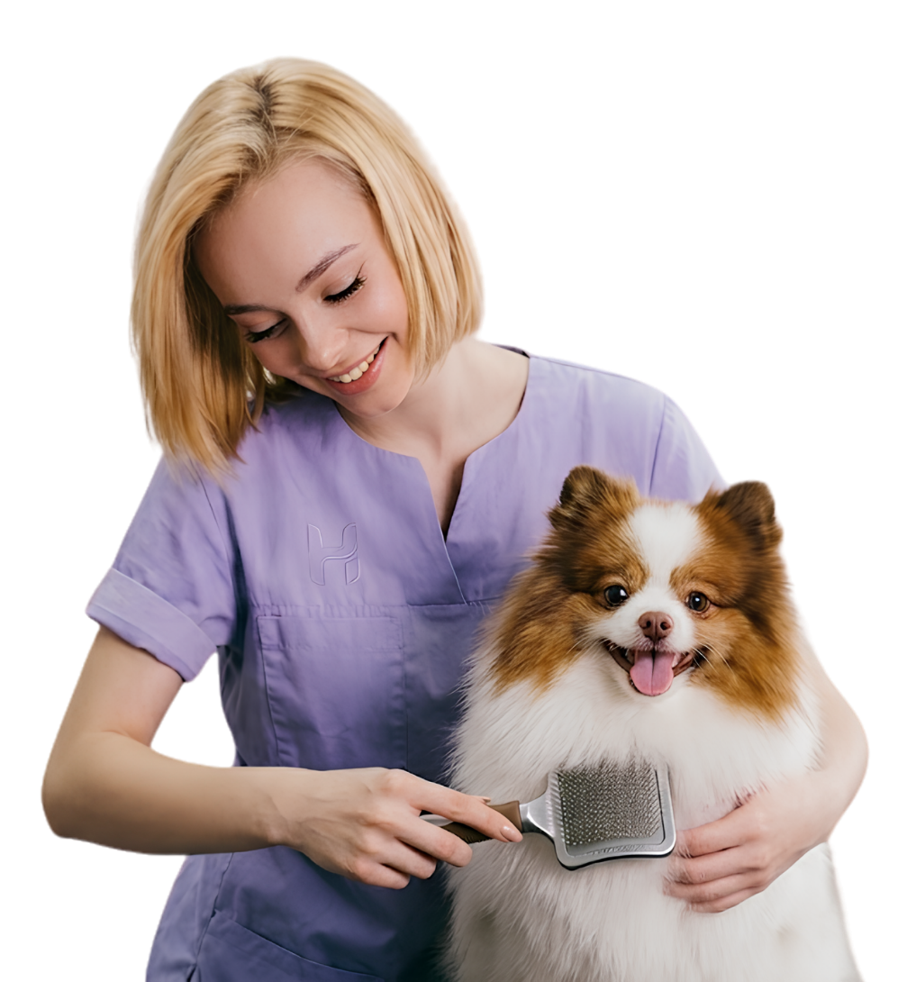 Profesional de HYDRA acicalando a un Pomerania